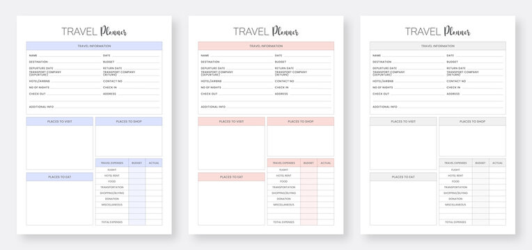 Set of Travel Planner Templates. Printable Travel Planner Design. Minimalist Travel Planner Page Design.