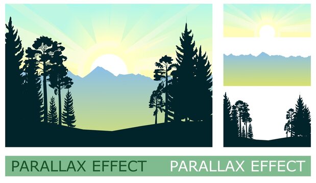 Countryside landscape with vegetable gardens and pastures. Against background of distant mountains near horizon. Solid layers for folding the picture with a parallax effect. Vector