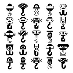 industrial crane hook and hoist icons set