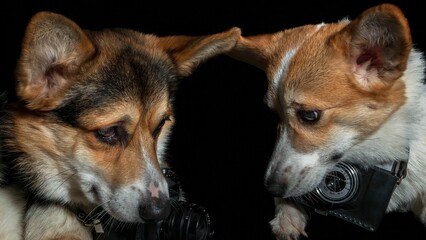 Psy rasy corgi z aparatami na szyjach na czarnym tle - obrazy, fototapety, plakaty