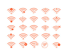 Set of no Wireless network sign symbol icon orange color
