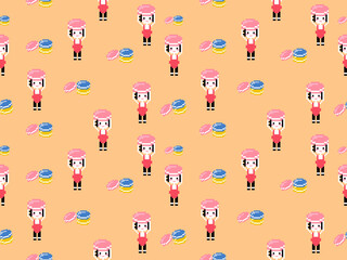 Girl with macaron cartoon character seamless pattern on orange background.Pixel style