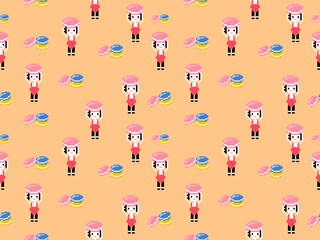 Girl with macaron cartoon character seamless pattern on orange background.Pixel style