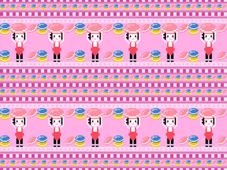 Girl with macaron cartoon character seamless pattern on pink background.Pixel style