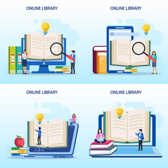 Set bundle Online library concept, online library for education, online reference concept, book, literature or elearning. Flat vector template Style Suitable for Web Landing Page, Background.