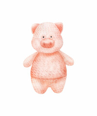 Watercolor illustration of a knitted pink pig toy. Great for printing, web, textile design, souvenirs.