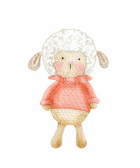 Watercolor illustration of a knitted sheep toy. Great for printing, web, textile design, souvenirs.