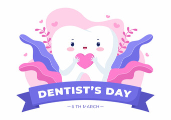 World Dentist Day with Tooth and Toothbrush to Prevent Cavities and Healthcare in Flat Cartoon Background Illustration Suitable for Poster or Banner