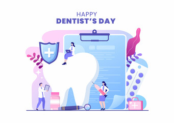 World Dentist Day with Tooth and Dentistry to Prevent Cavities and Healthcare in Flat Cartoon Background Illustration Suitable for Poster or Banner