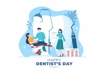 World Dentist Day with Dentistry and Patient in Armchair in Flat Cartoon Background Illustration Suitable for Poster or Banner