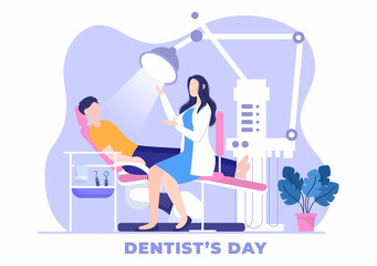 World Dentist Day with Dentistry and Patient in Armchair in Flat Cartoon Background Illustration Suitable for Poster or Banner