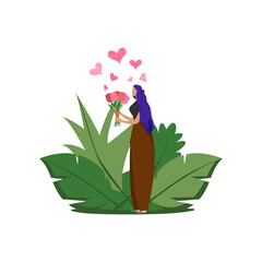 Happy girl with a bouquet of flowers on a background of green leaves with hearts. 