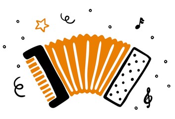 Hand drawn doodle Old red Accordion icon isolated on a white background. Vector illustration musical instrument. Cartoon sound concept symbol element. Music Accordion logo design template