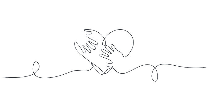 Hands reach out towards each other, surrounded by a heart shape. One line vector illustration, flat minimal design, isolated on white background, eps 10.