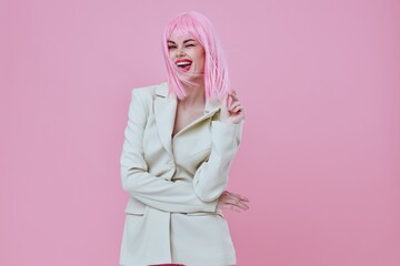 Portrait of a charming lady in White blazer pink hair Glamor Cosmetics color background unaltered