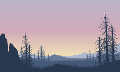 Realistic view of mountains with forest from the cliff edge at sunrise