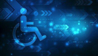 Accessibility icon with wheelchair and technology abstract background, Access in online internet website and technology applied to people with disabilities and handicap.