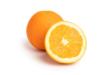 Navel orange, the orange with thick and bright orange skin, seedless, sweet and juicy fruit, isolated on the white background. It is good for eating fresh or using as a food ingredient.