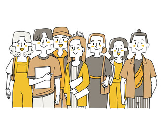 充実したキャンパスライフを過ごす大学生　笑顔の若者たち　コミカルな手書きの人物　ベクター