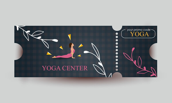 Card promotion voucher banner or party invitation background with beautiful girl in yoga pose.