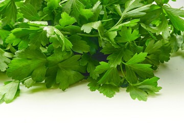 Green juicy parsley on a white background. fresh seasoning