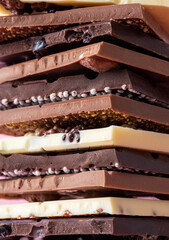 Chocolate bars in a pile, close-up. Variety of belgian chocolate.