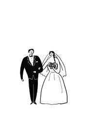 腕を組んだウエディングドレスの女性とタキシードの男性、ウエディング、結婚式、（縦、下中央配置）　