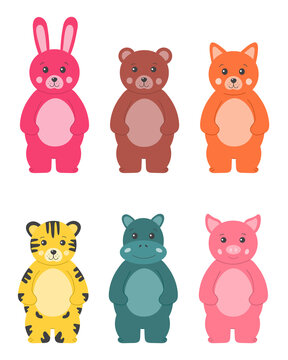 Collection of cute funny animals for kids in cartoon style isolatedon white. Bunny, bear, fox, tiger, pig, hippopotamus. For printing, childish design, birthday cards, posters.