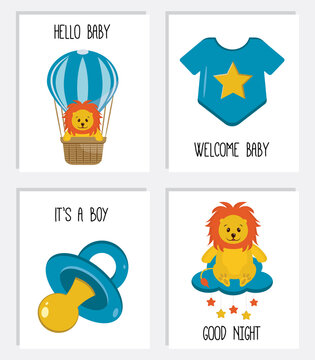 Cute posters with little lion cub, baby bodysuit, pacifier dummy. Vector prints for baby room, baby shower, greeting card. Cute nursery illustration. Set of Birthday cards templates. It's a boy.