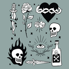 Collection of vintage tattoo designs illustrations black and white premium vector