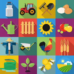 Set of agriculture and farming icons in flat design with long shadows