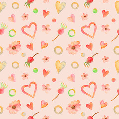 Watercolor seamless simple pattern with hearts and flowers isolated on pink background.Use for textile,fabrics,wrapping.