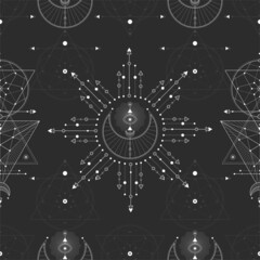 Seamless pattern with sacred geometric symbols. Background with magical signs.