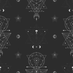 Fototapeta na wymiar Seamless pattern with sacred geometric symbols. Background with magical signs.