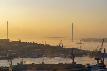 Russian Bridge at dawn. Vladivostok, Russia