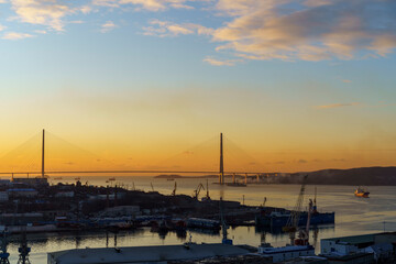 Fototapeta na wymiar Russian Bridge at dawn. Vladivostok, Russia