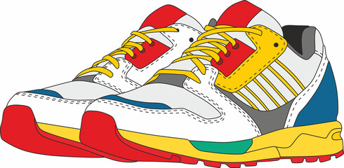 Vector drawing of colored branded sneakers. Pair of sports shoes with laces.
