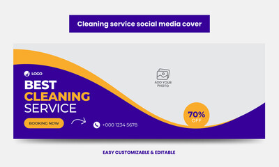 Obraz premium Cleaning service company social media cover photo design template. Home, office, hotel, restaurant, garden cleaning social media cover web banner