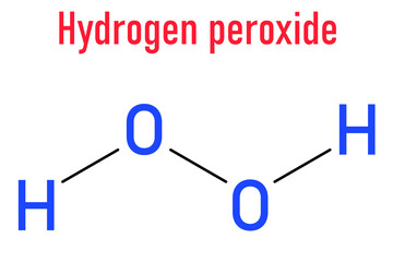 Hydrogen peroxide molecule. Reactive oxygen species, ROS. Used as bleaching agent, disinfectant, chemical reagent, etc. Skeletal formula.