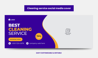 Cleaning service company social media cover photo design template. Home, office, hotel, restaurant, garden cleaning social media cover web banner