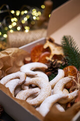Gift box full of Traditional German or Austrian Vanillekipferl vanilla kipferl cookies