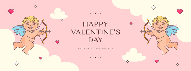 Valentine's day horizontal banner with hand drawn cupid, clouds and hearts. Vector illustration