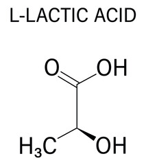 Lactic acid or L-lactic acid milk sugar molecule. Building block of polylactic acid or PLA bioplastic. Found in milk. Skeletal formula.