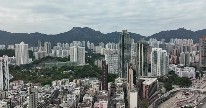 Drone fly over Hong Kong city