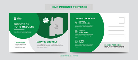 Hemp or CBD product postcard. Cannabis sativa product sale or promotion postcard design template