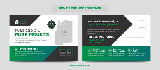 Hemp or CBD product postcard. Cannabis sativa product sale or promotion postcard design template