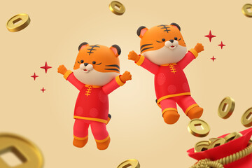 Happy Chinese new year background with 3d cute tiger cartoon character