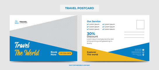Modern Travel Postcard Design Template. Travel Company Postcard