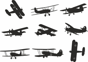 Fototapeta na wymiar Vector set of silhouettes of small planes. Shadows of light-engine aircraft of maize growers with Soviet stars. 