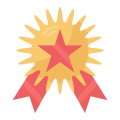 Gold medal with ribbon, star. Gold badge award. Symbol of the best and premium quality. Gilded emblem. Military medallion. Shiny winners label. Flat isolated vector illustration on white background